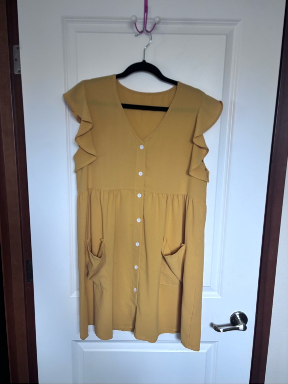 Mustard Yellow Button-Front Ruffle Sleeve Dress